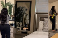 two pictures of a woman cleaning a bedroom